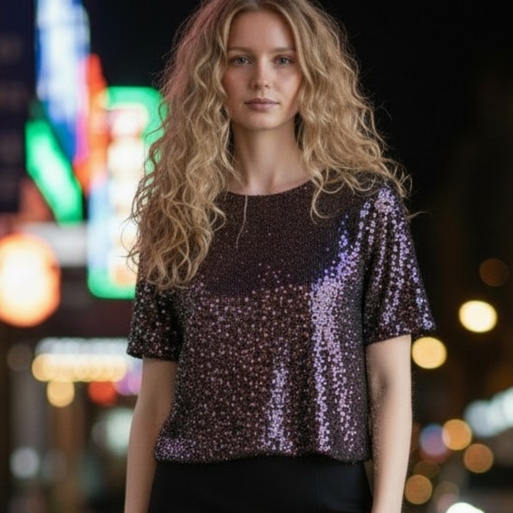 NWT RACHEL ZOE Chocolate Brown Sequin Sequins Top Blouse Shirt Medium